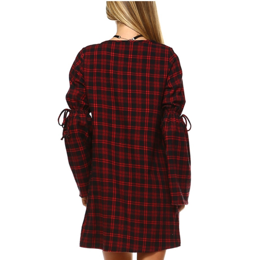 2 Hearts Plaid Flannel Bell-Sleeve Shift Dress - Picture 6 of 16